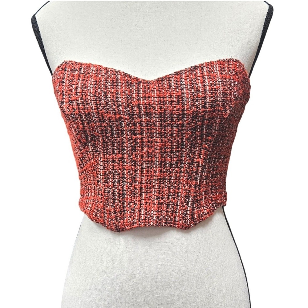 Zara‎ Red Boucle Tweed Strapless Corset Bustier Crop Top S Quiet Luxury